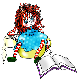 Tecknad bild av docka på potta som läser bok.